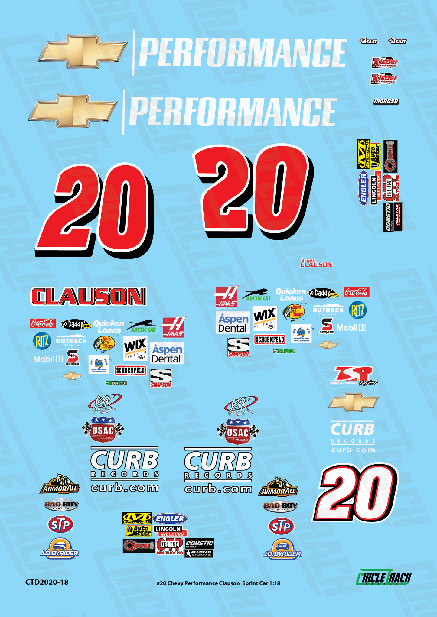 Circle Track Decals #20 Chevy Performance Clauson Sprint Car 1:18