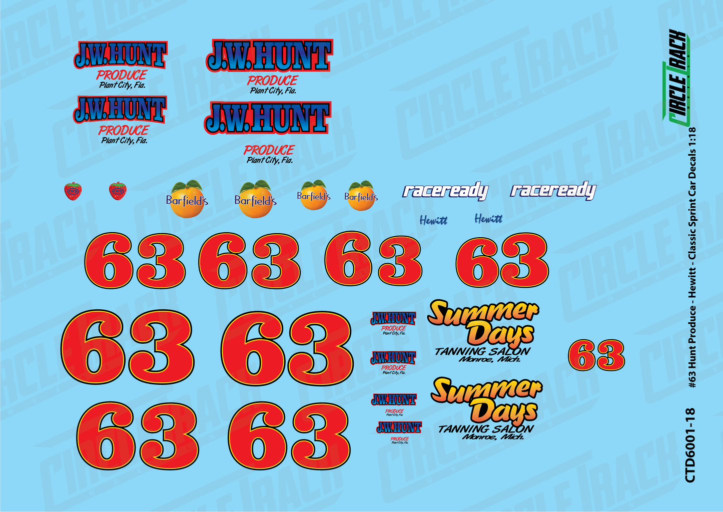 Circle Track Decals #63 JW Hunt Produce Jack Hewitt Class Sprint Car Decal Set 1:18