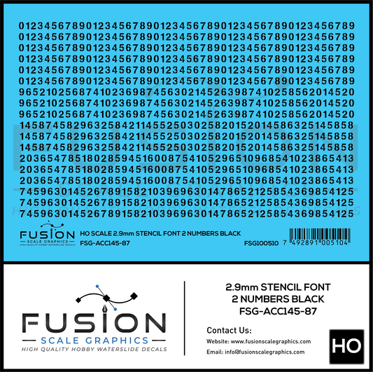 HO Scale 2.9mm Black Stencil Numbers Font 2 Decal Set