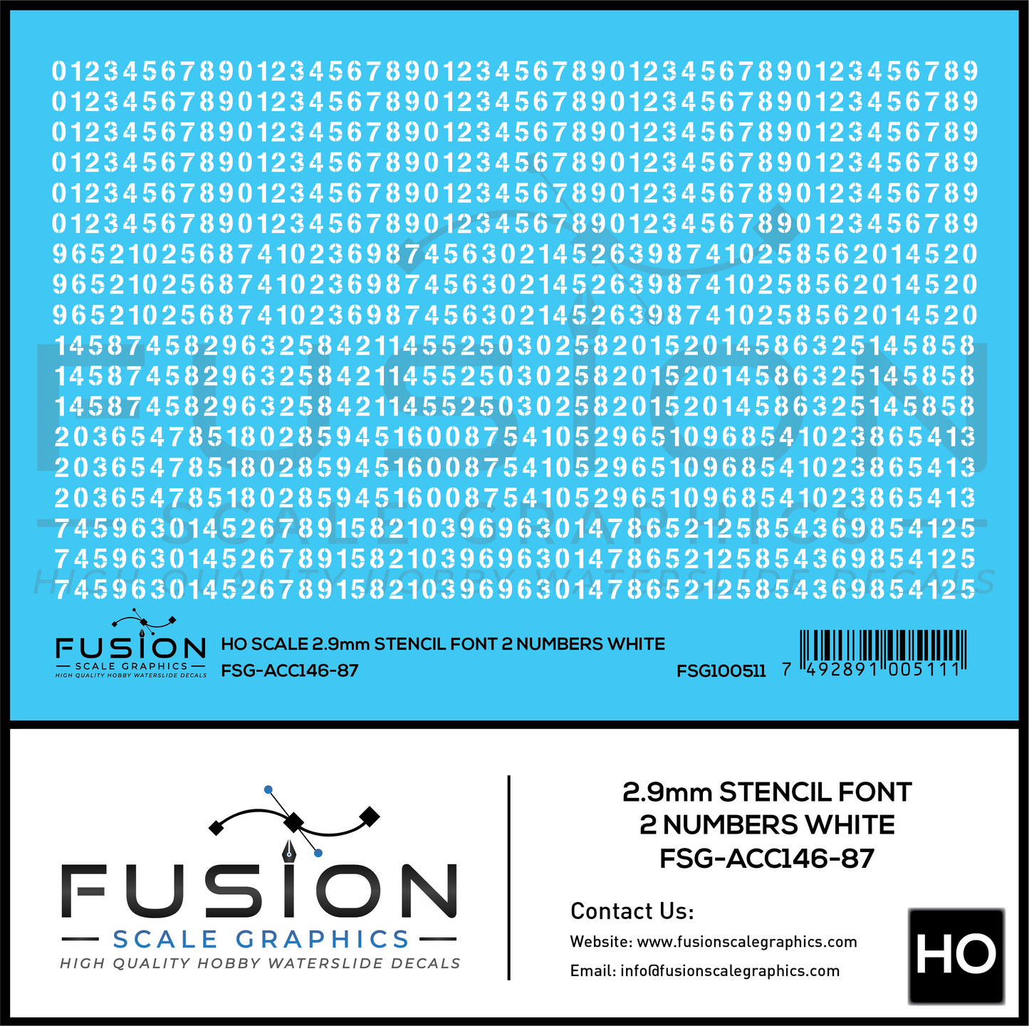 HO Scale 2.9mm White Stencil Numbers Font 2 Decal Set