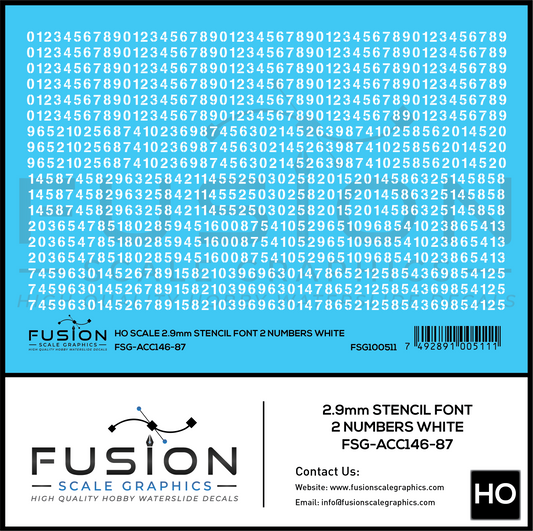 HO Scale 2.9mm White Stencil Numbers Font 2 Decal Set
