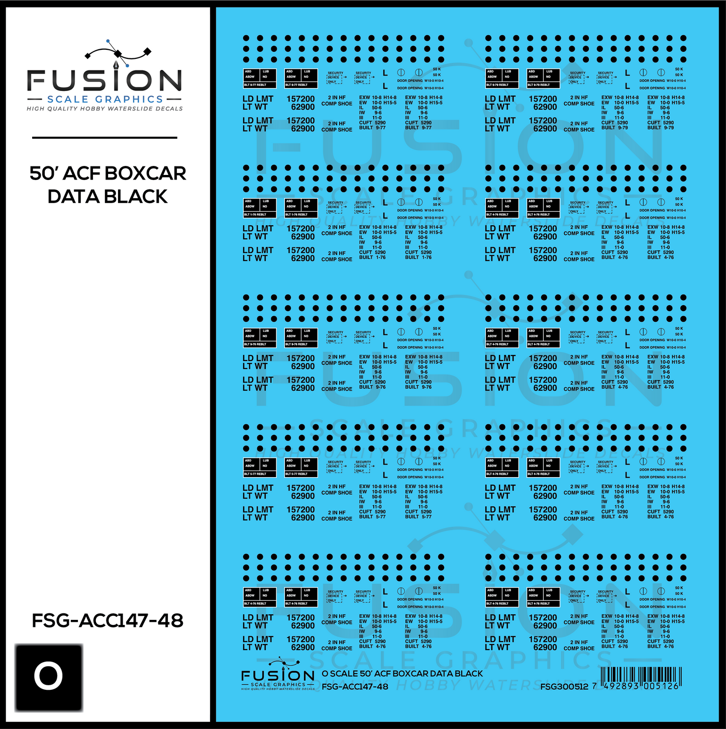 O Scale 50' ACF Boxcar Data Sheet Black Decal Set