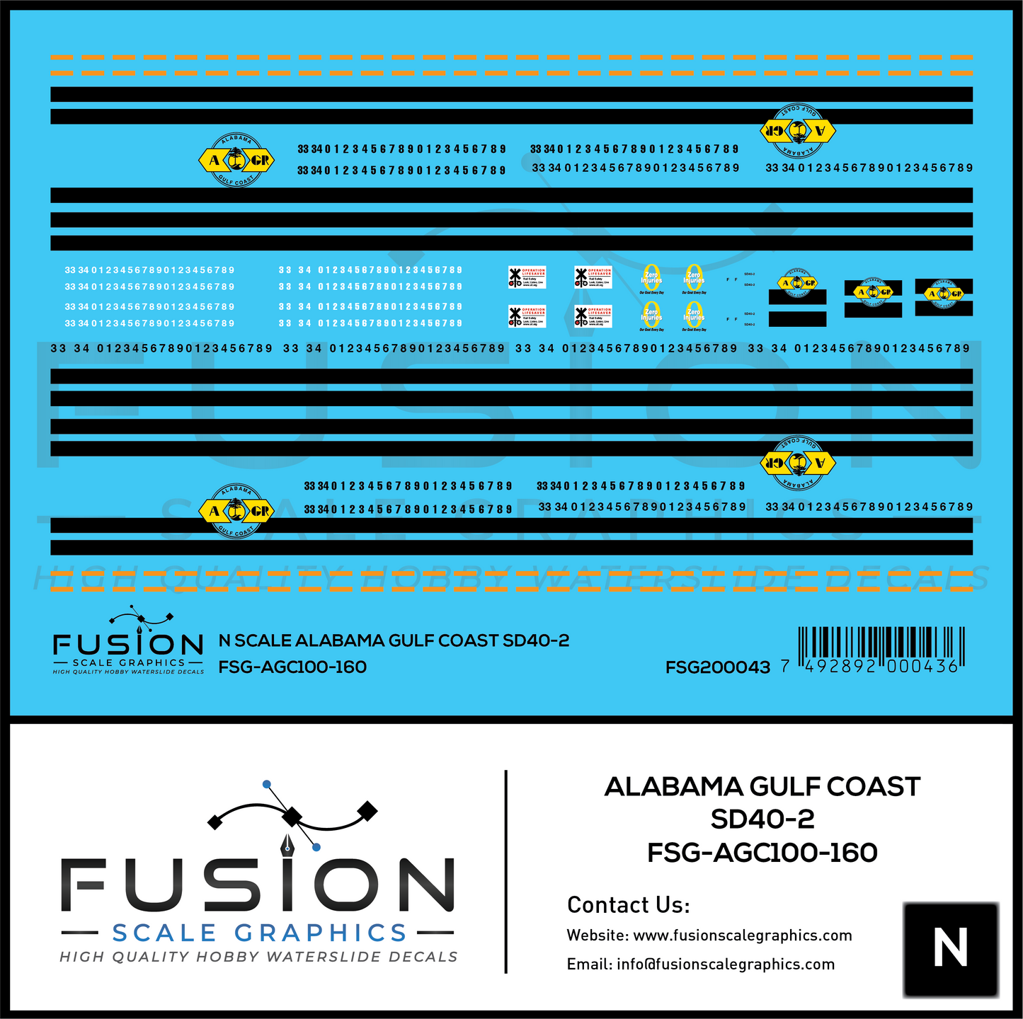 N Scale Alabama Gulf Coast SD40-2 Locomotive Decal Set