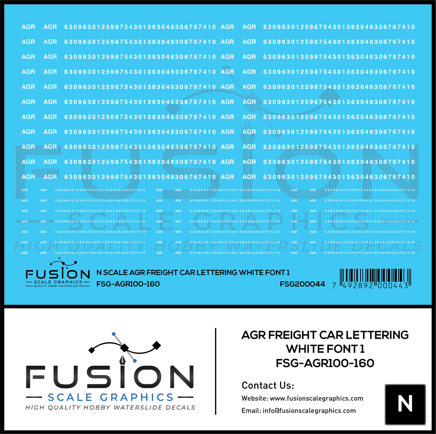 N Scale AGR Freight Car Lettering White Font 1 Decal Set