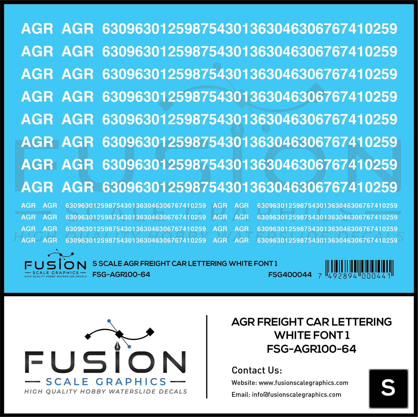 S Scale AGR Freight Car Lettering White Font 1 Decal Set