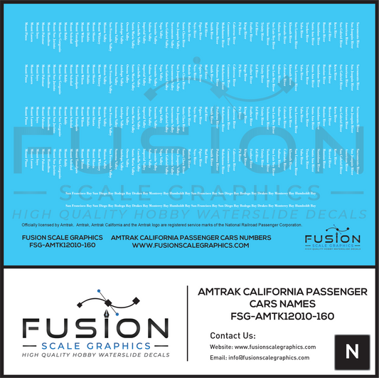 N Scale Amtrak California Passenger Car Names Decal Set