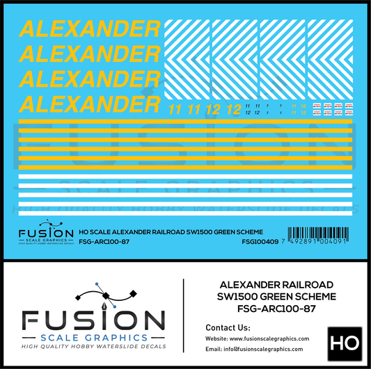 HO Scale Alexander Railroad SW1500 Green Scheme Locomotive Decal Set