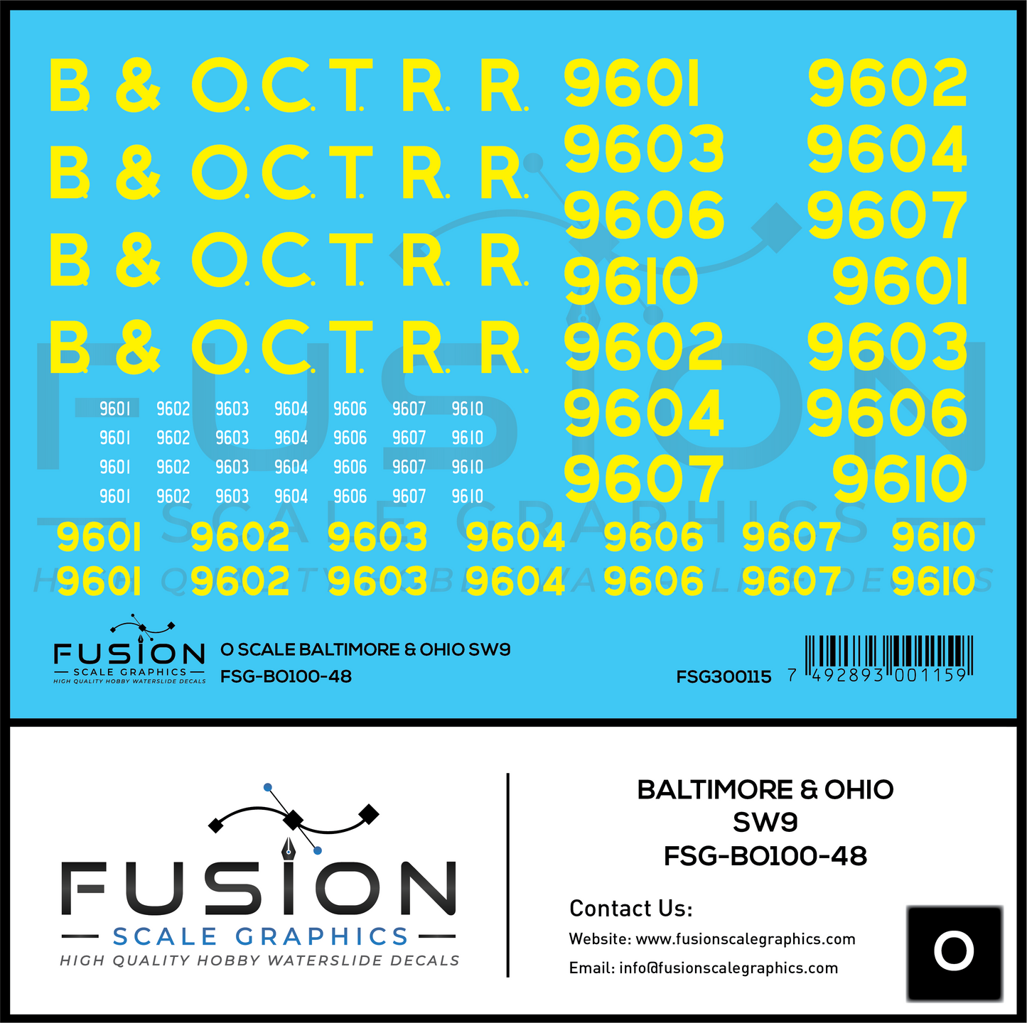 O Scale Baltimore & Ohio EMD SW9 Locomotive Decal Set
