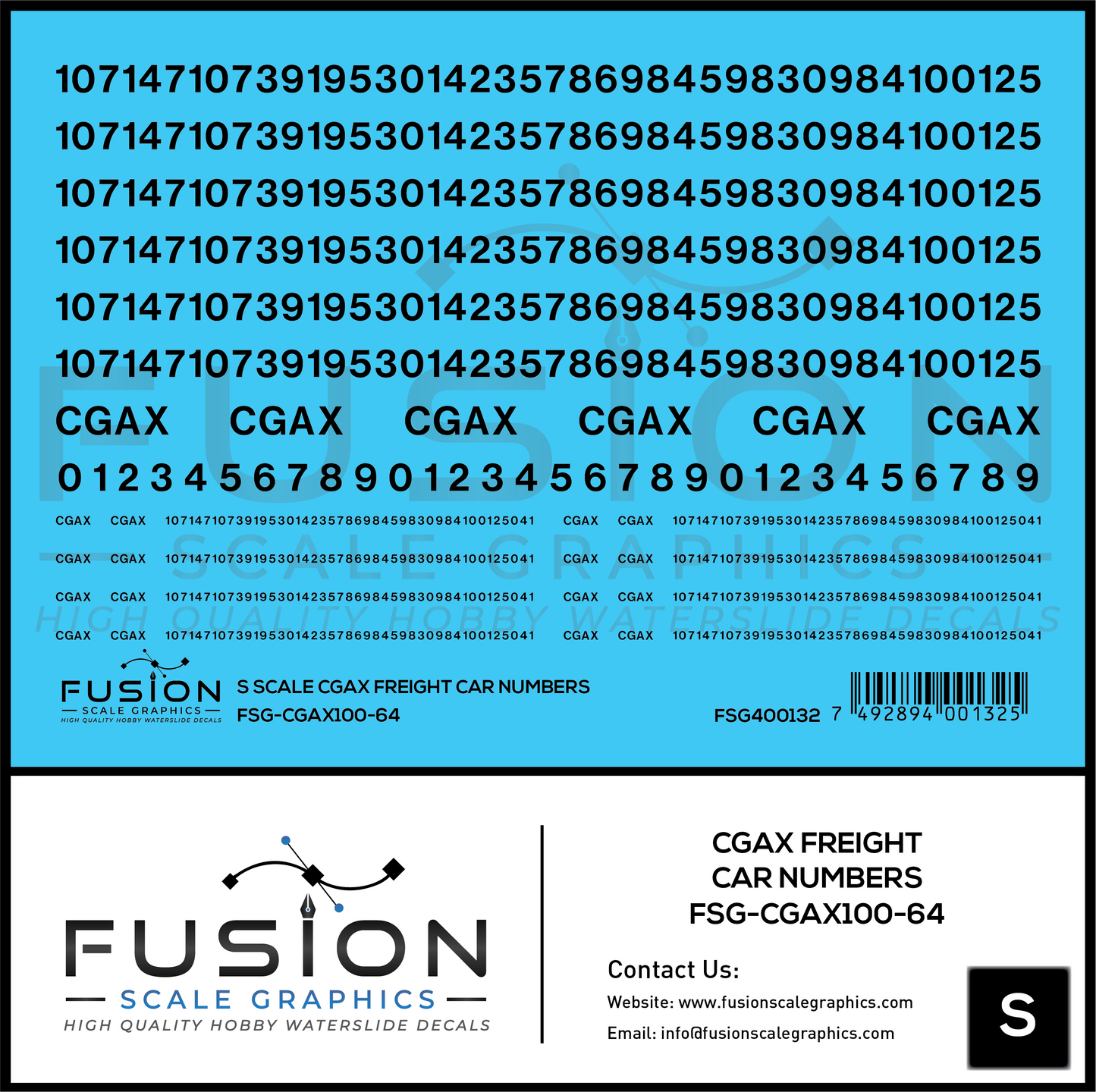 S Scale CGAX Freight Car Numbering Decal Set