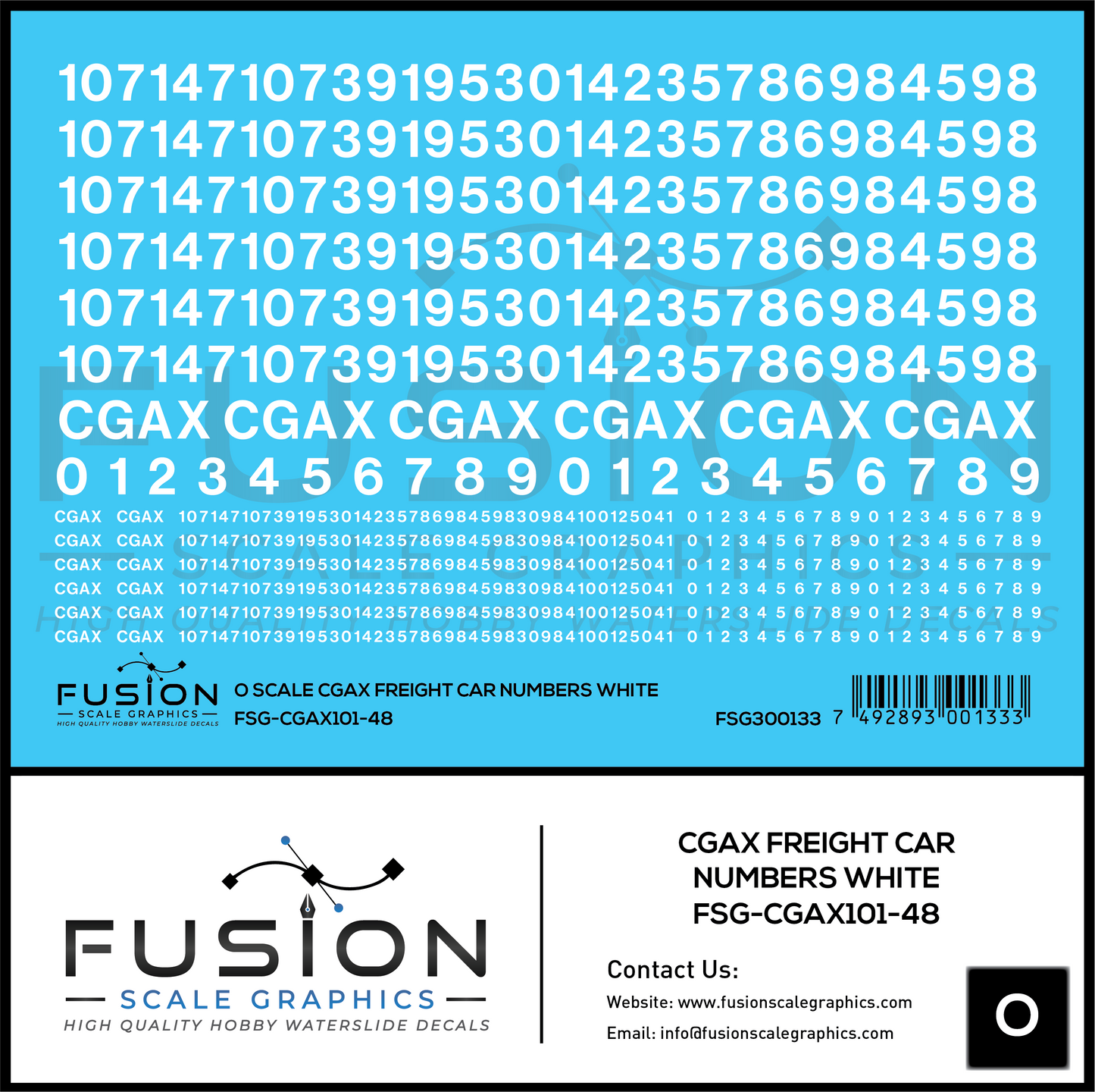 O Scale White CGAX Freight Car Numbering Decal Set