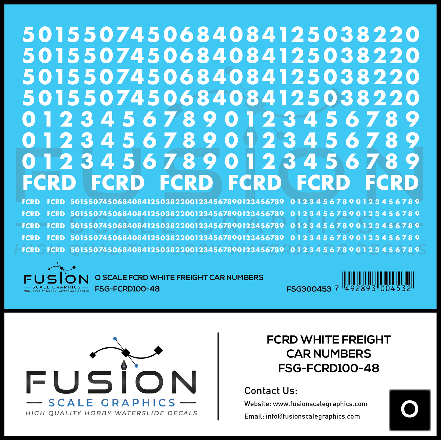 O Scale First Coast FCRD White Freight Car Numbers Decal Set