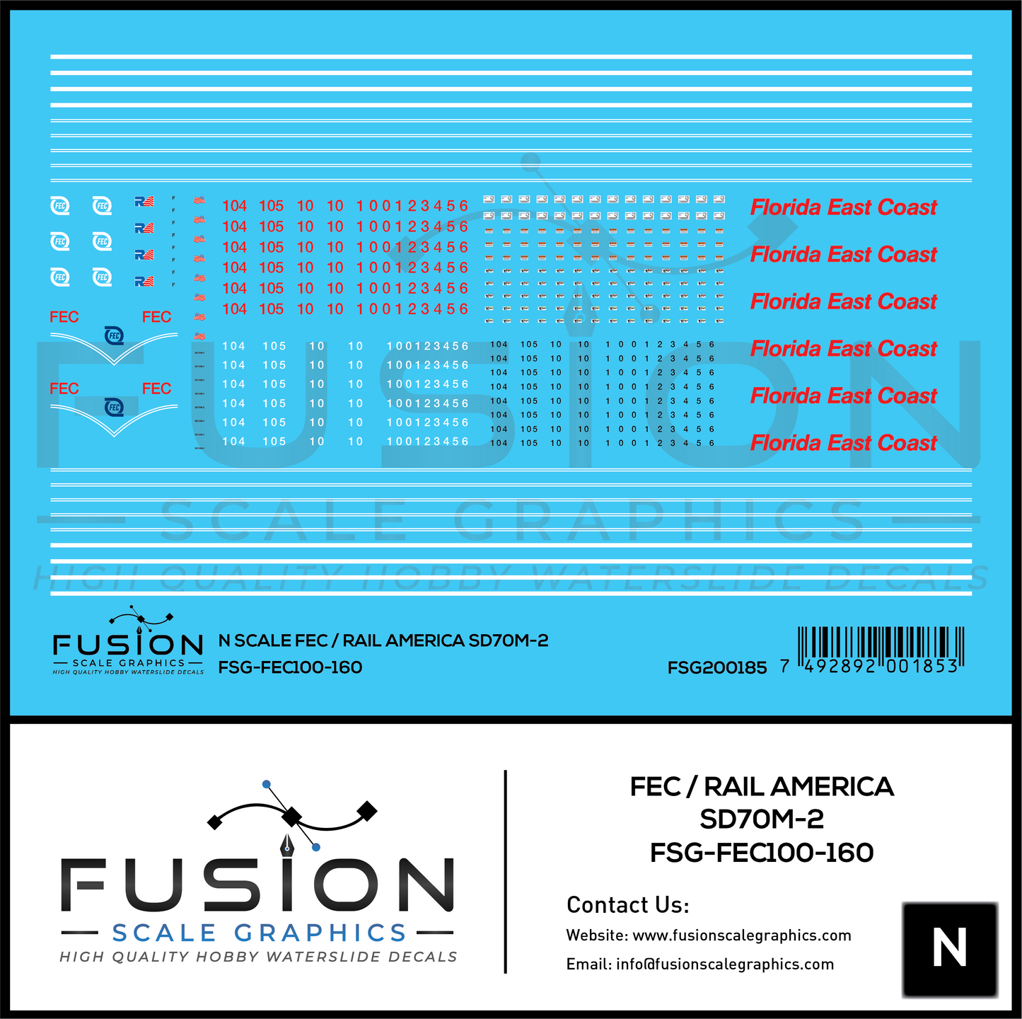 N Scale Florida East Coast/Rail America EMD SD70M-2 Locomotive Decal Set