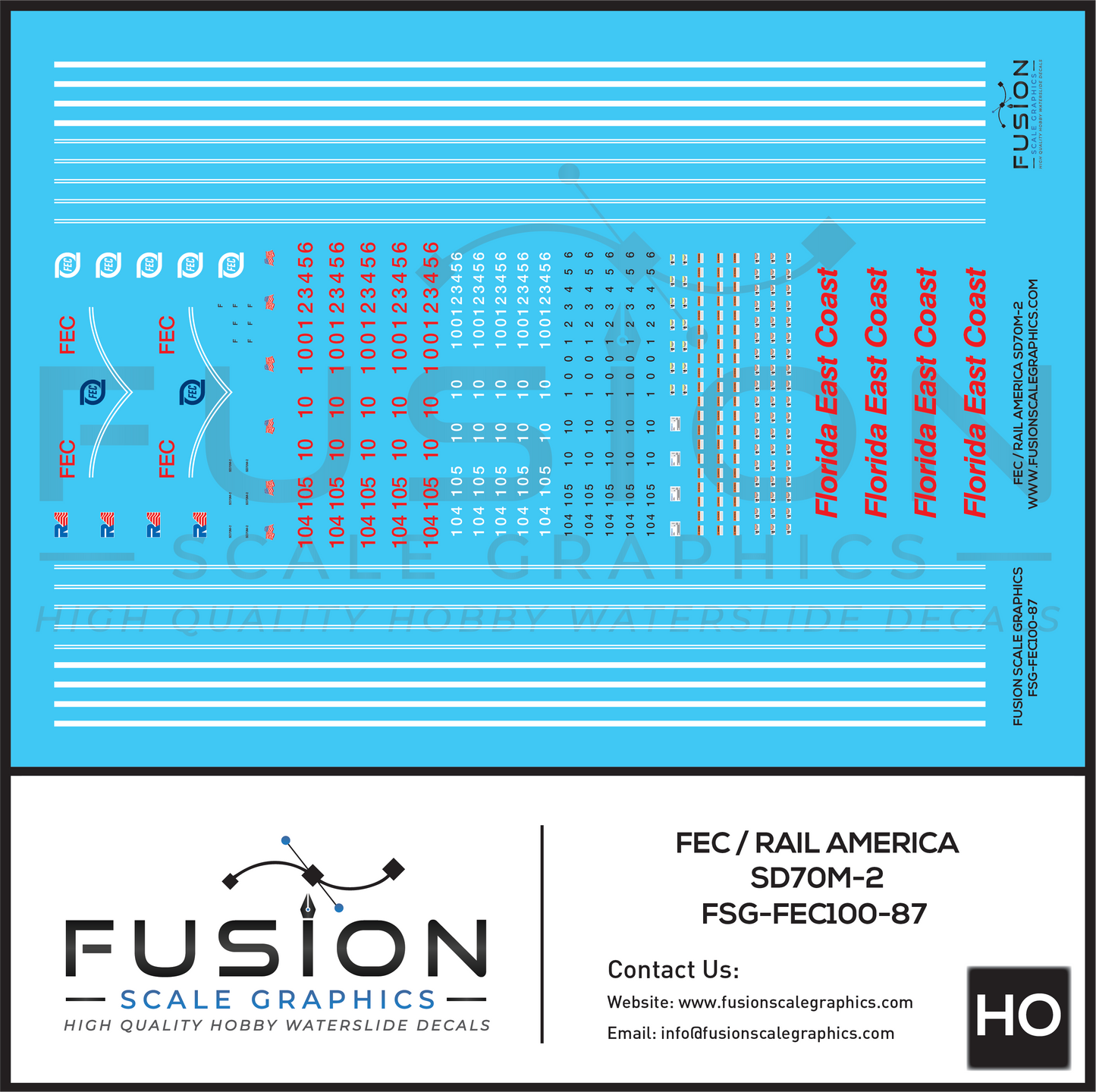 HO Scale Florida East Coast/Rail America EMD SD70M-2 Locomotive Decal Set