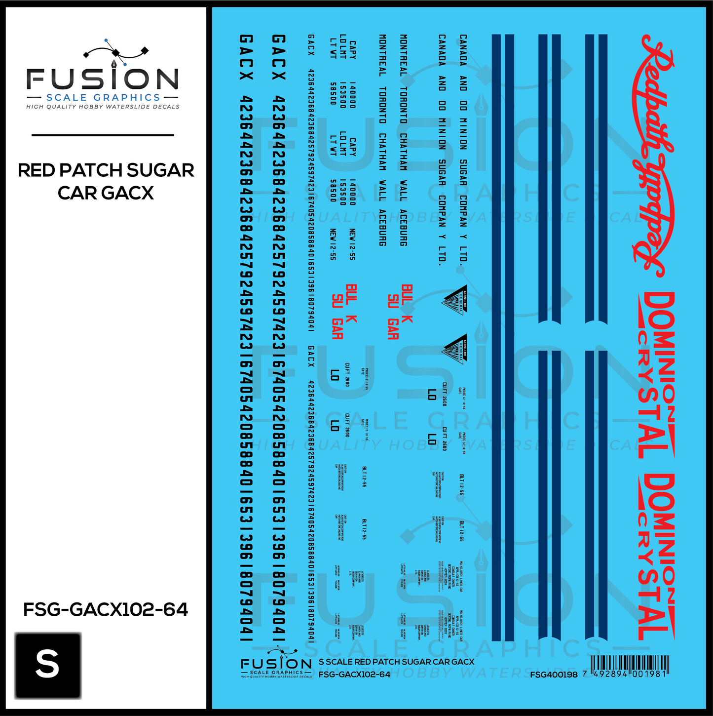S Scale Redpath GACX Sugar Car Decal Set