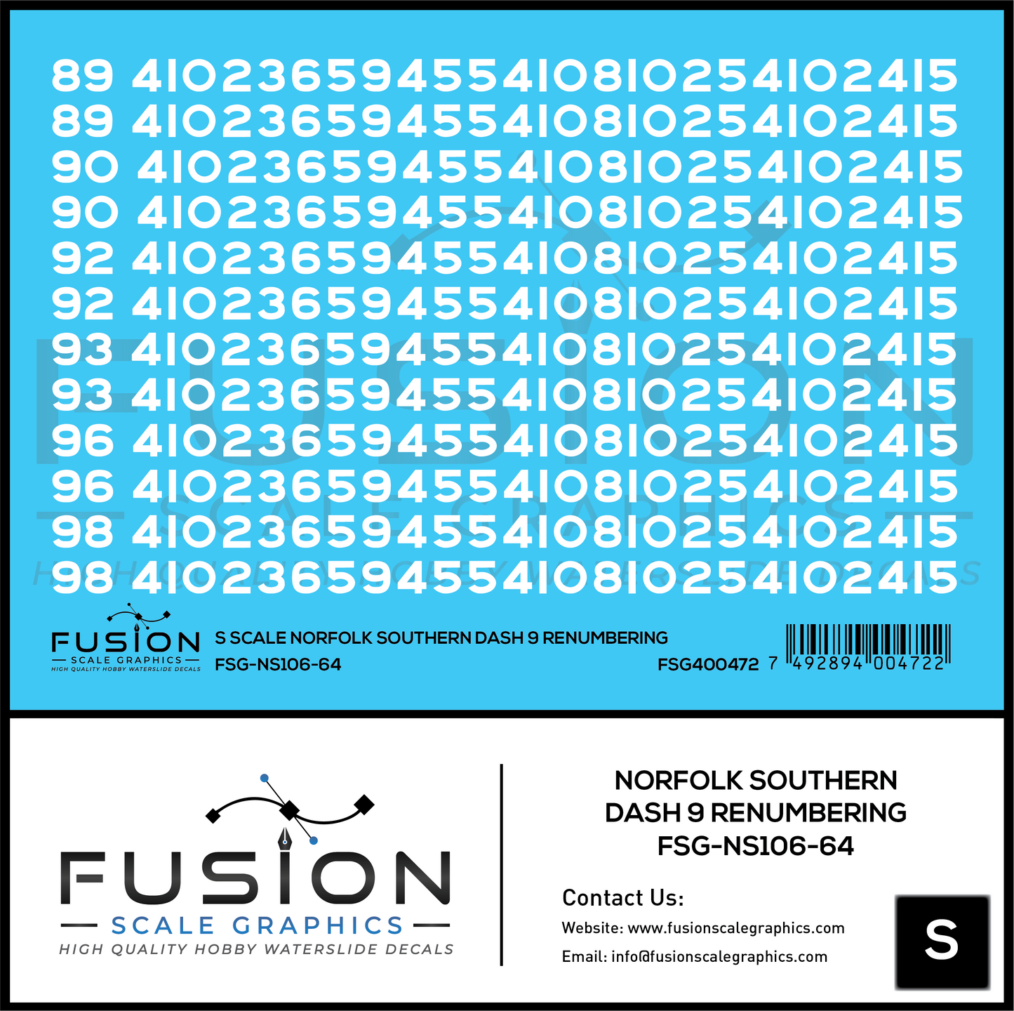 S Scale Norfolk Southern GE Dash 9 Locomotive Renumbering Decal Set