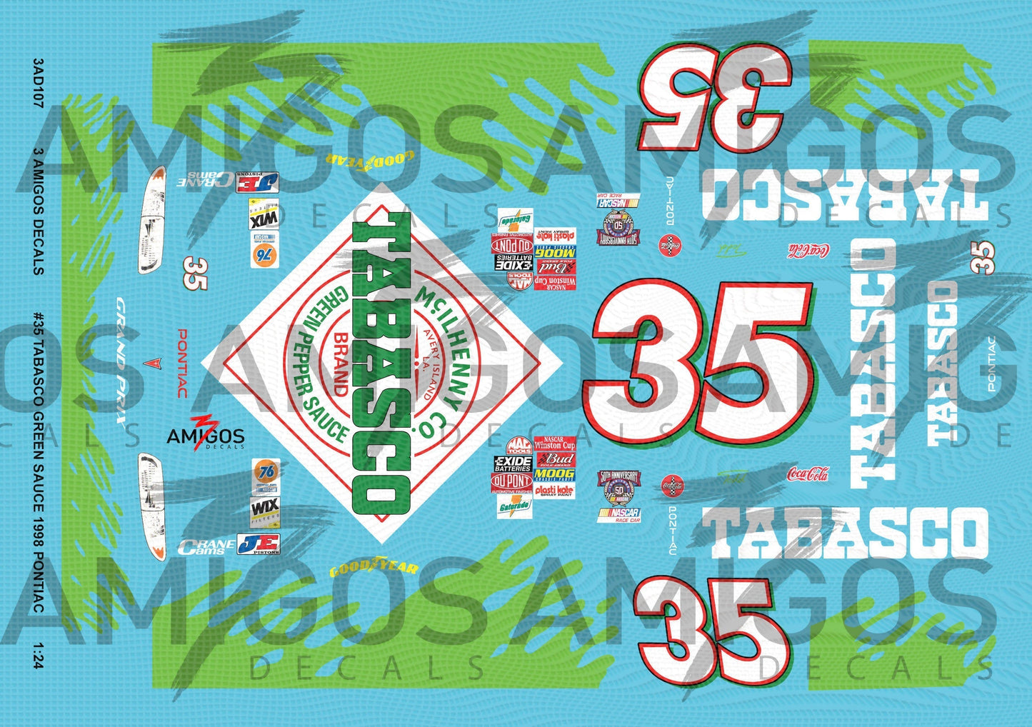 3 Amigos Decals #35 TABASCO GREEN SAUCE 1998 PONTIAC 1:24