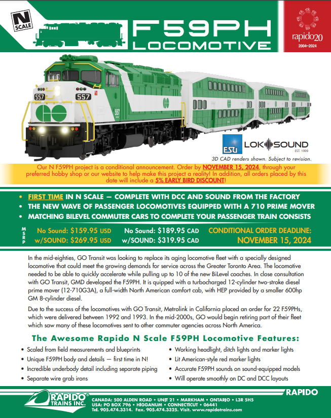 N SCALE Rapido F59PH DCC/SOUND PREORDER