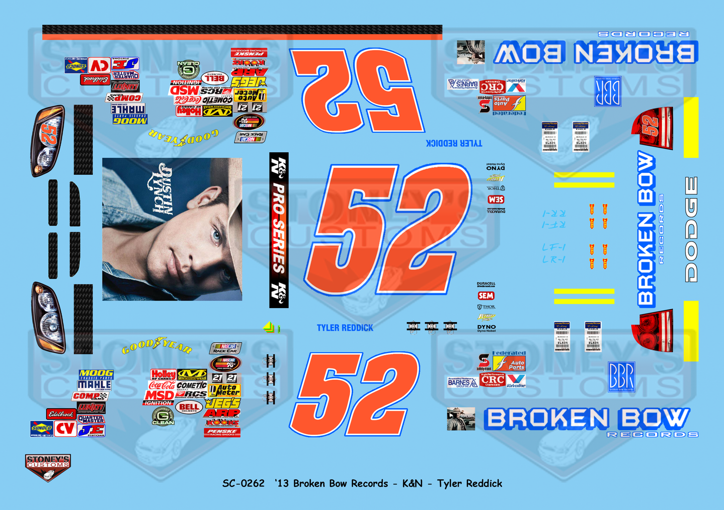 Stoney's Customs 2013 #52 Broken Bow Records - K&N - Tyler Reddick 1:24 Decal Set