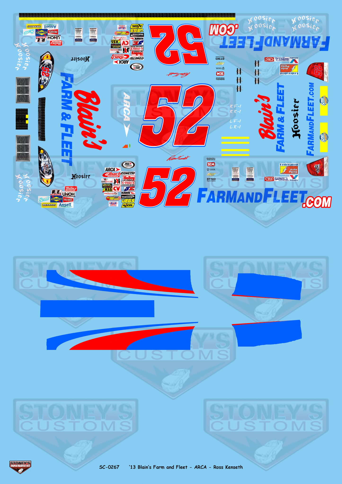 Stoney's Customs 2013 #52 Blain's Farm and Fleet - ARCA - Ross Kenseth 1:24 Decal Set