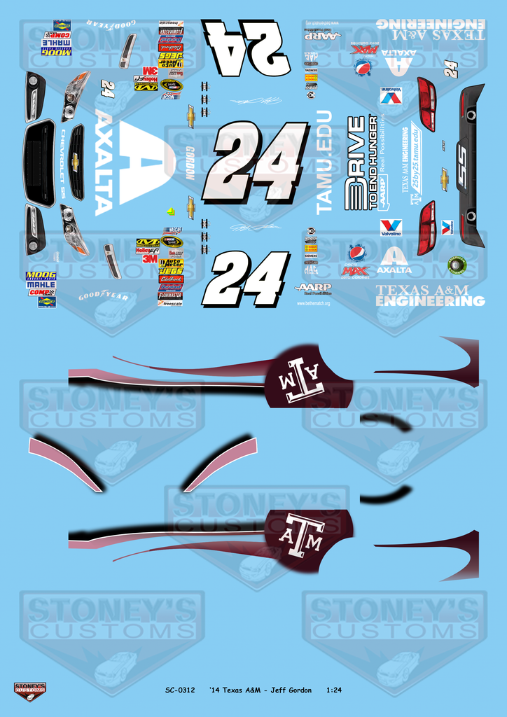 Stoney's Customs 2014 #24 Texas A&M Jeff Gordon 1:24 Decal Set