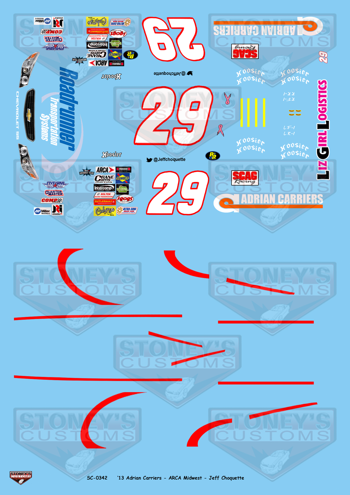 Stoney's Customs 2013 #29 Adrian Carriers ARCA Midwest Jeff Choquette 1:24 Decal Set