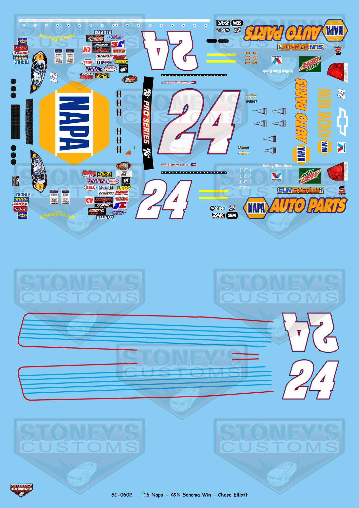 Stoney's Customs 2016 #24 Napa - K&N Sonoma Win - Chase Elliot 1:24 Decal Set