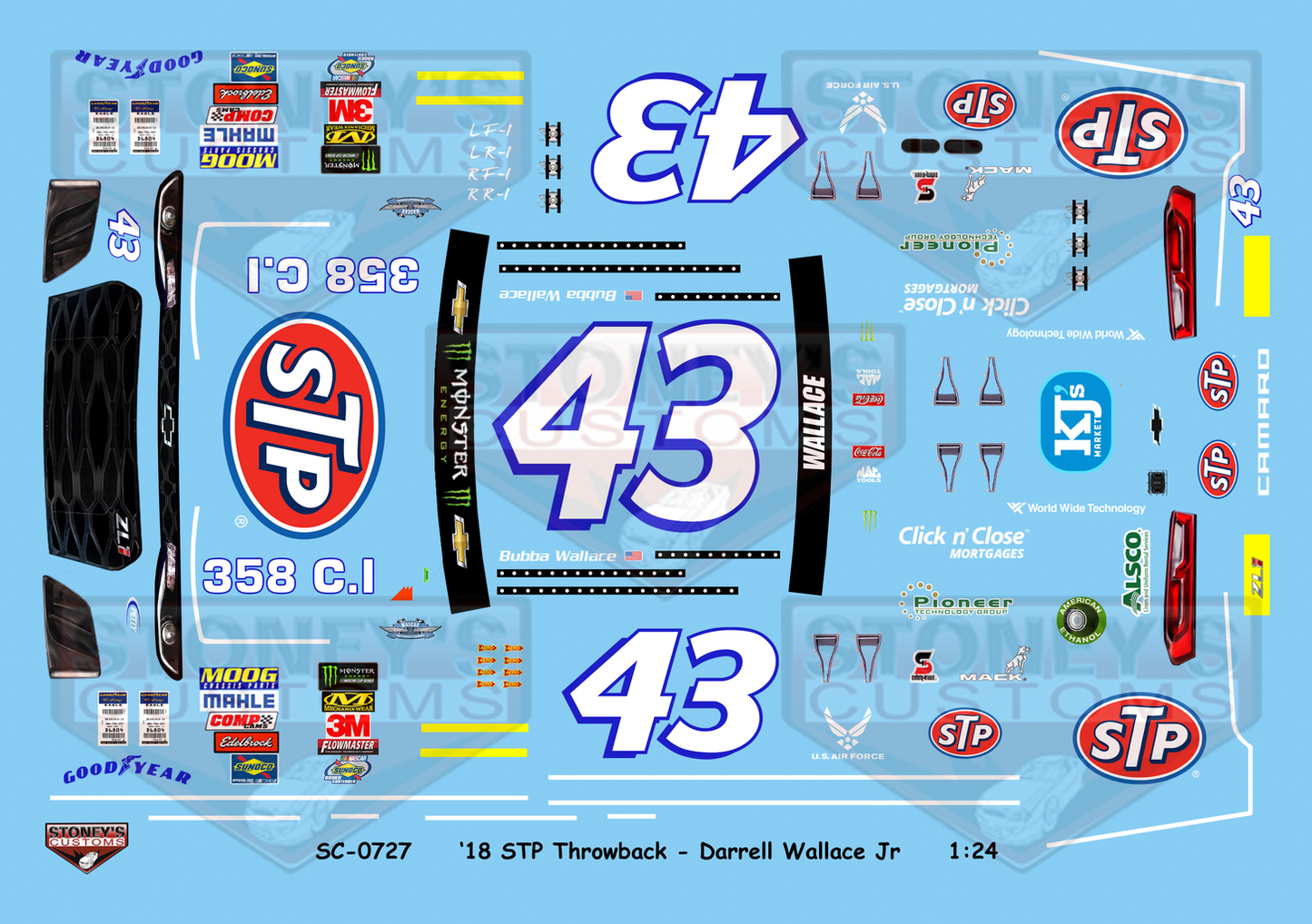 Stoney's Customs 2018 #43 STP Throwback - Darrell Wallace Jr 1:24 Decal Set