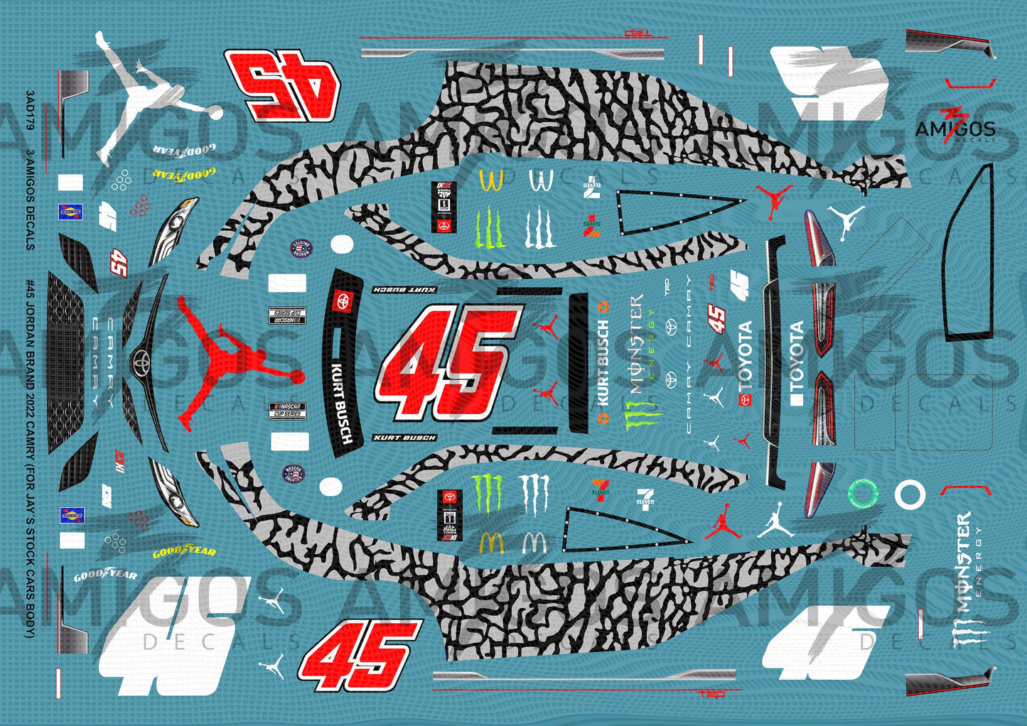 3 Amigos Decals #45 JORDAN BRAND 2022 CAMRY (FOR JAY´S STOCK CARS BODY) 1:24 Decal Set - 1