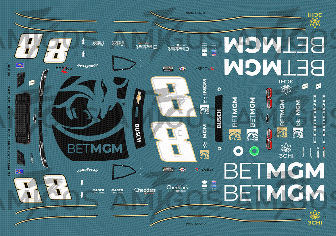 3 Amigos Decals #8 KYLE BUSCH BETMGM 2023 CAMARO 1:24 DECAL SET