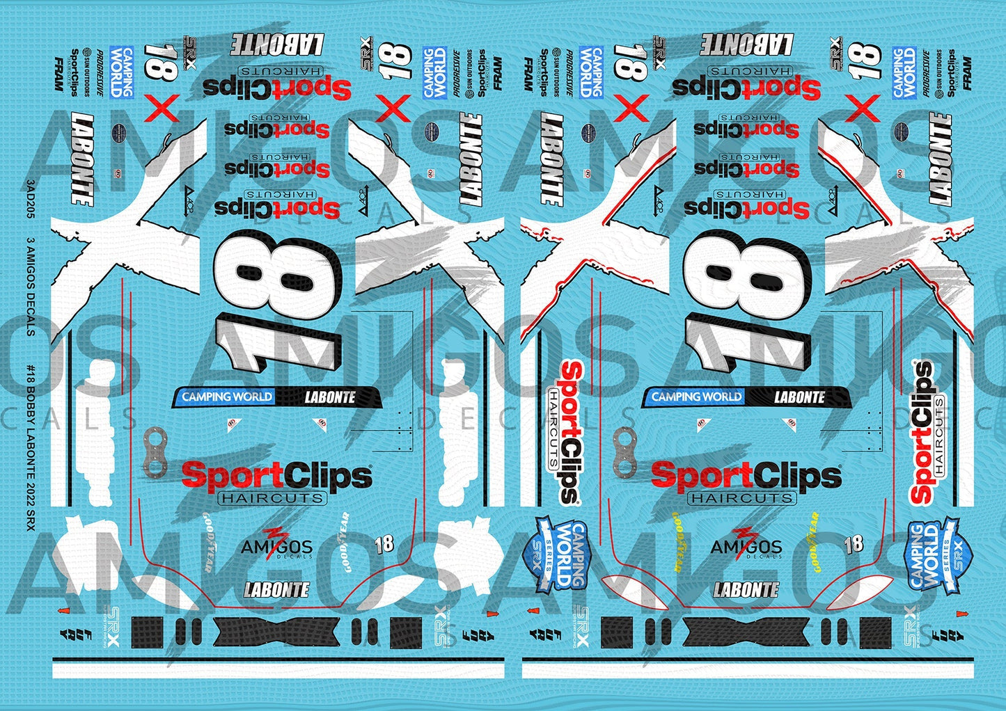 3 Amigos Decals #18 SPORT CLIPS BOBBY LABONTE 2022 SRX SERIES 1:24 DECAL SET
