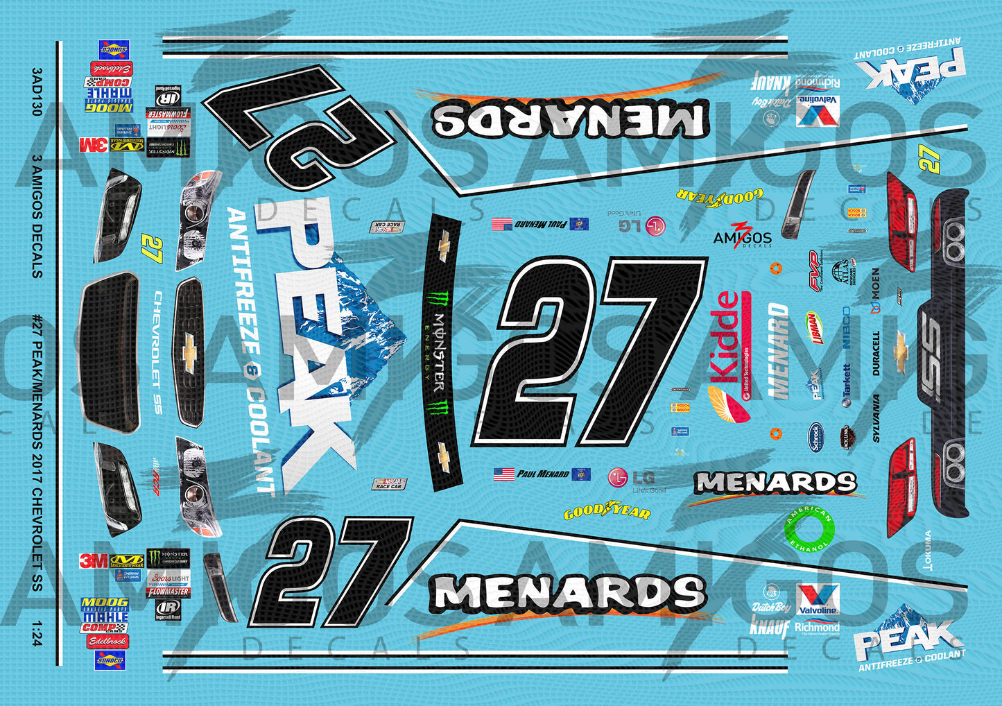 3 Amigos Decals #27 Peak Mendards 2017 Chevy SS 1:24 Decal Set