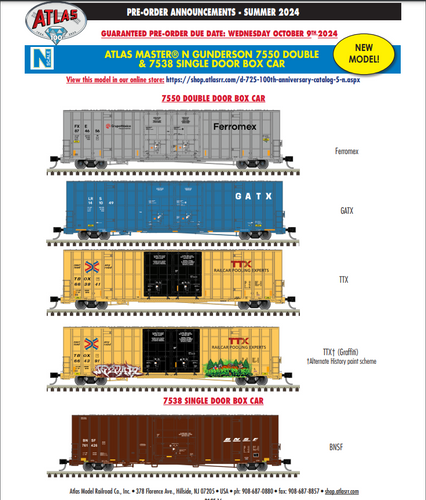 N SCALE ATLAS MASTER GUNDERSON 7550 DOUBLE/7538 SINGLE DOOR BOX CAR PREORDER