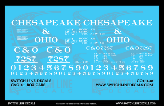 O Scale Chesapeake & Ohio 40' Box Cars Decal Set