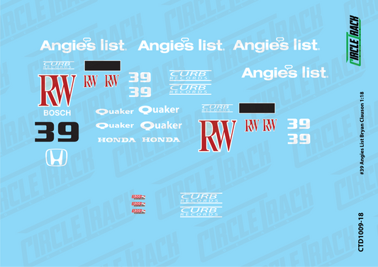 Circle Track Decals #39 Angie's List Bryan Clauson Indy Car Decal Set 1:18