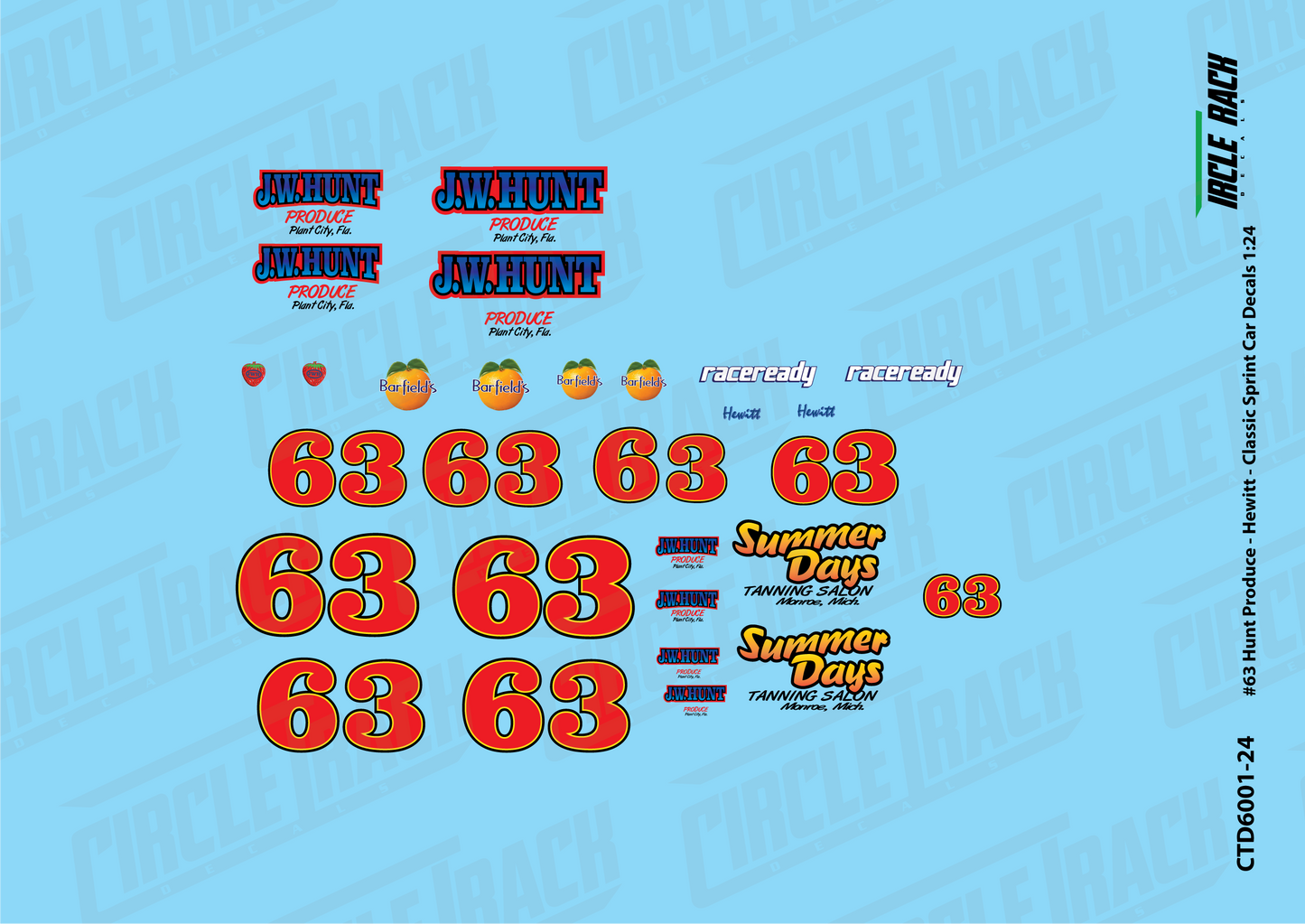 Circle Track Decals #63 JW Hunt Produce Jack Hewitt Class Sprint Car Decal Set 1:24