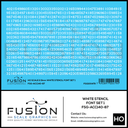 HO Scale White Stencil Numbers Font 1 2.9mm Tall Decal Set