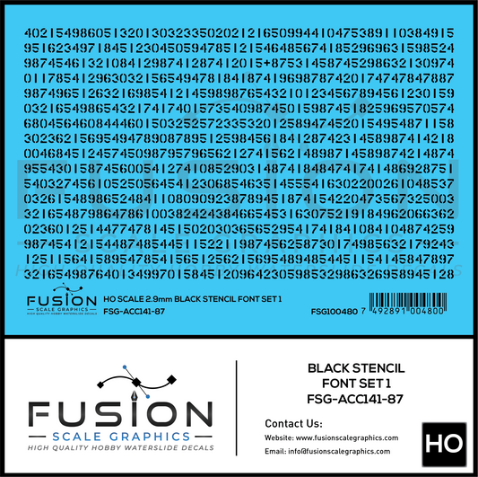 HO Scale Black Stencil Numbers Font 1 2.9mm Tall Decal Set