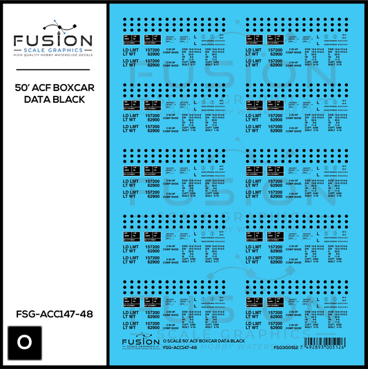 O Scale 50' ACF Boxcar Data Sheet Black Decal Set