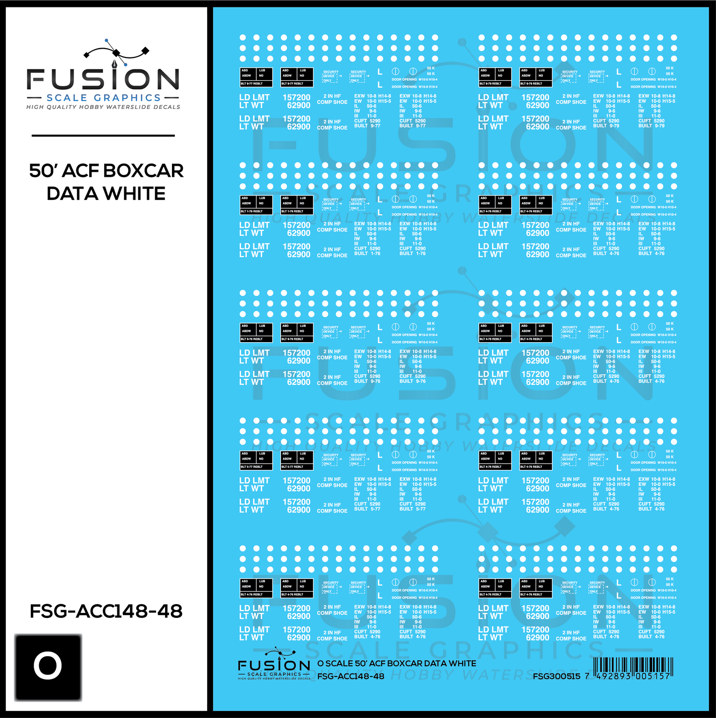 O Scale 50' ACF Boxcar Data Sheet White Decal Set