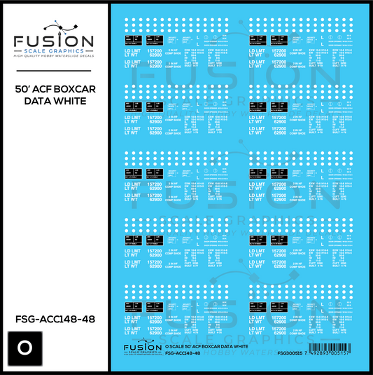 O Scale 50' ACF Boxcar Data Sheet White Decal Set