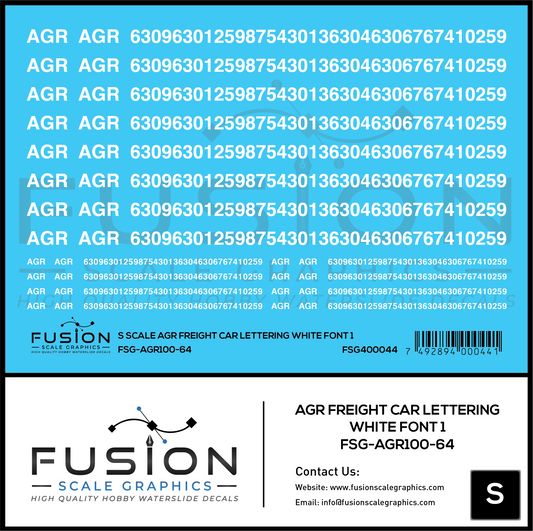 S Scale AGR Freight Car Lettering White Font 1 Decal Set