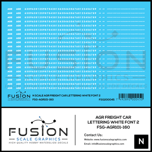 N Scale AGR Freight Car Lettering White Font 2 Decal Set