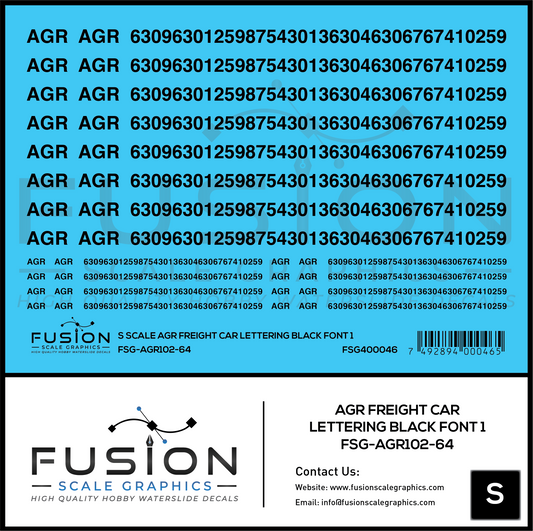 S Scale AGR Freight Car Lettering Black Font 1 Decal Set