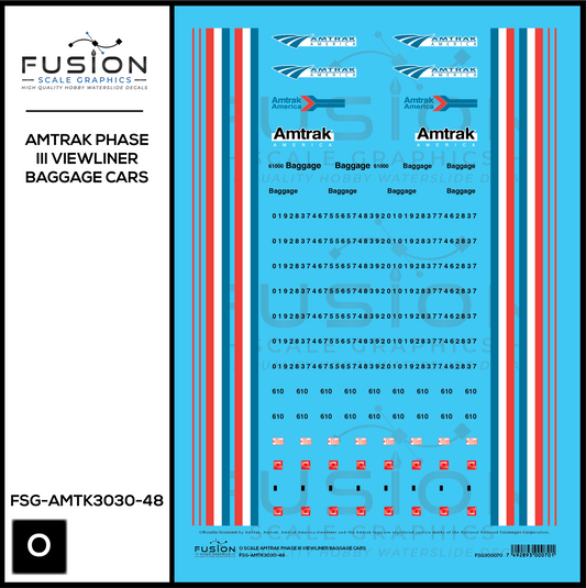 O Scale Amtrak Phase III Viewliner Baggage Cars Decal Set