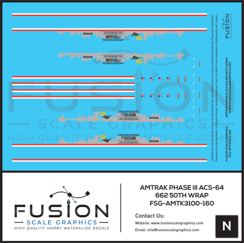 N Scale Amtrak Phase III ACS-64 662 50th Train Sim Locomotive Decal Set