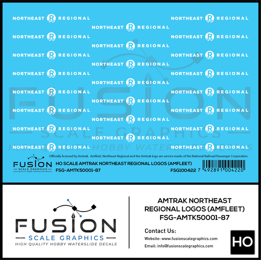 HO Scale Amtrak Northeast Regional Amfleet Logos Decal Set | Fusion Scale Graphics