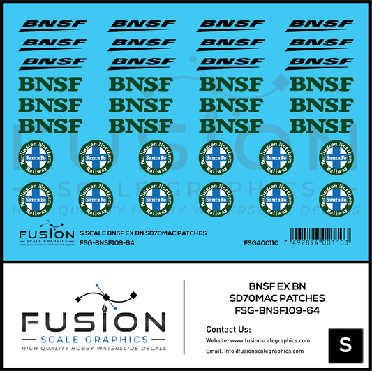 S Scale BNSF Railway Ex BN SD70MAC Locomotive Logo Patches Decal Set
