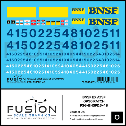 O Scale BNSF Ex Santa Fe GP30 Patch Decal Set