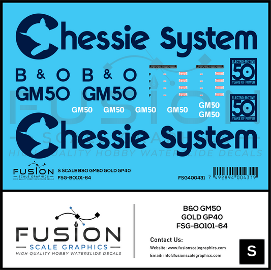 S Scale Baltimore & Ohio EMD 50 Year GM50 Gold GP40 Locomotive Decal Set