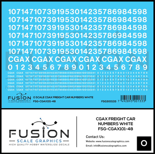 O Scale White CGAX Freight Car Numbering Decal Set